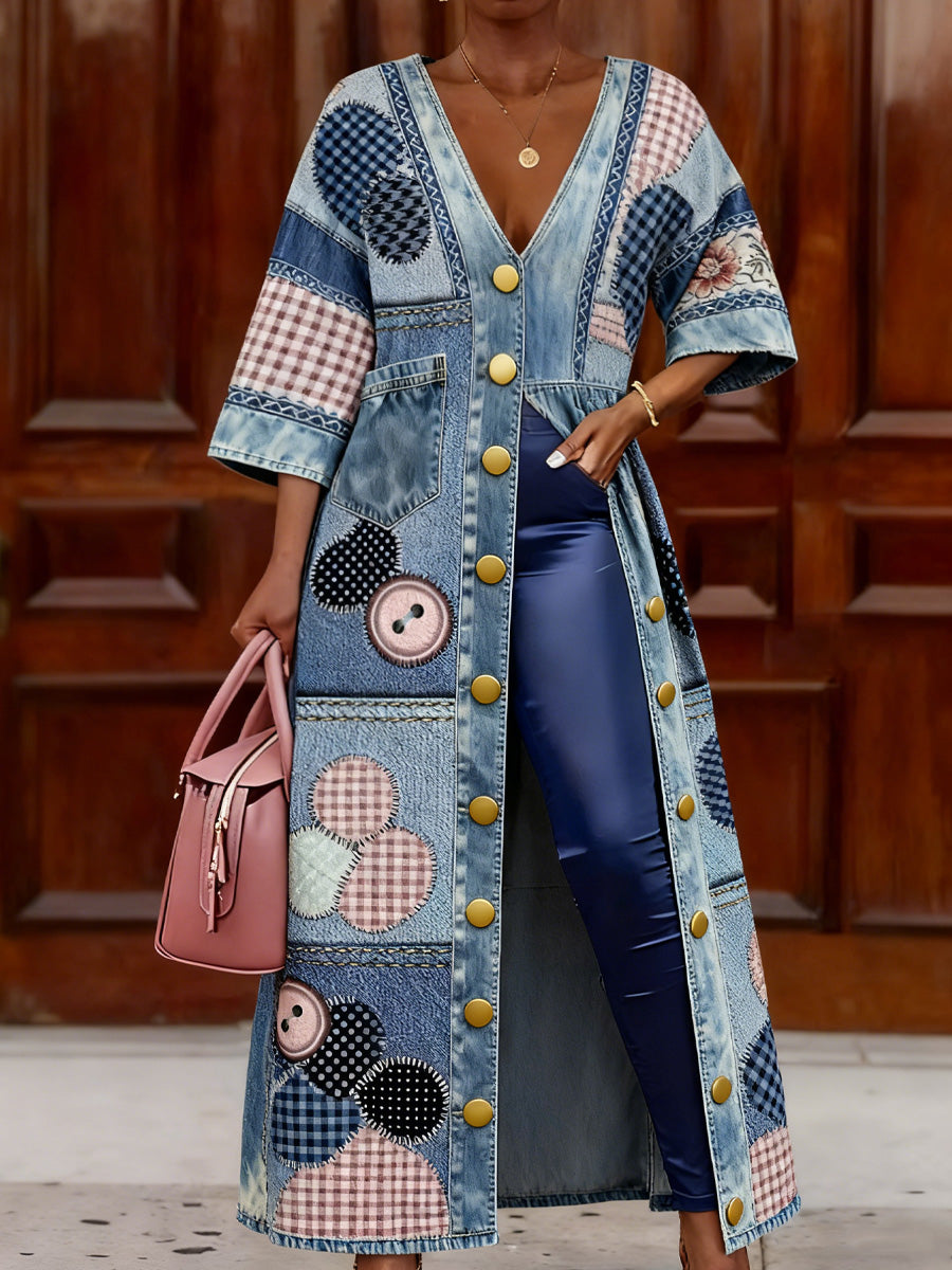Retro Boho Denim Floral Art Print Vintage Long Split Shirts Dress Skinny Pants Two-Piece Set